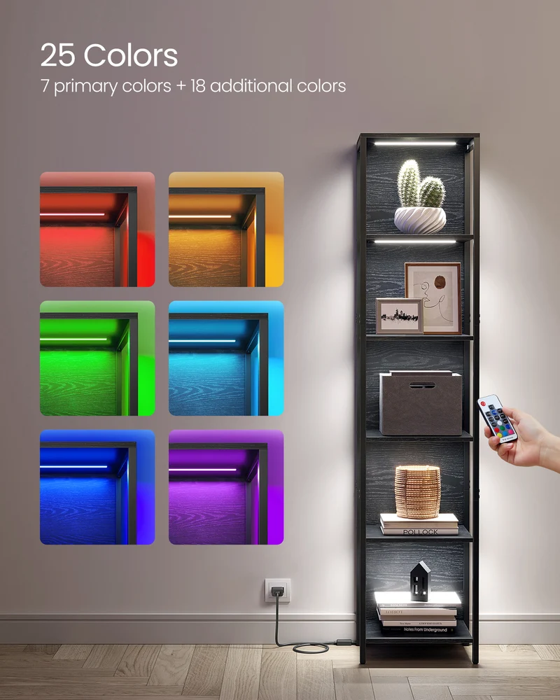 6-Tier Bookshelf, LED Display Shelf with Dimmable Lights, Steel Frame, 11.9 x 15.7 x 70.3 Inches, for Living Room, Bedroom