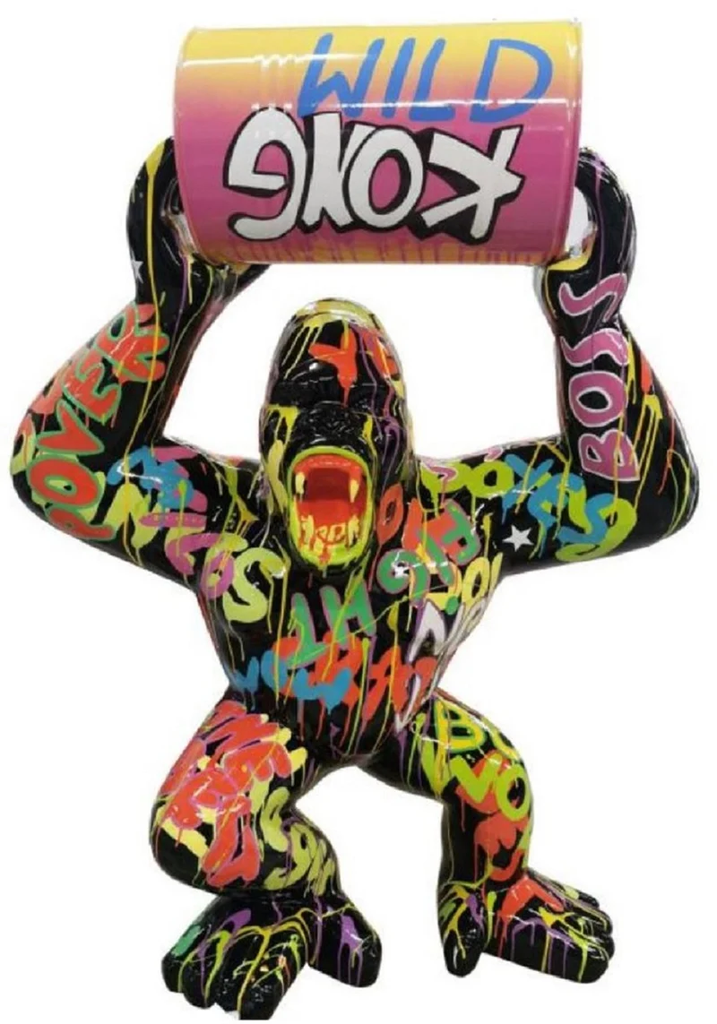 Casa Padrino Luxus Deko Skulptur Gorilla Affe mit Fass Schwarz / Bunt H. 250 cm - Große Deko Figur - XXL Deko Skulptur - XXL Deko Figur - Wohnzimmer Deko - Garten Deko - Luxus Figuren