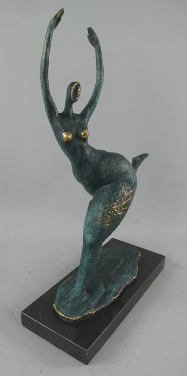 Casa Padrino Luxus Bronze Deko Skulptur Tänzerin Türkis / Gold / Schwarz 35 x 15 x H. 48 cm - Abstrakte Bronze Deko Figur mit Marmorsockel - Schreibtisch Deko - Deko Accessoires