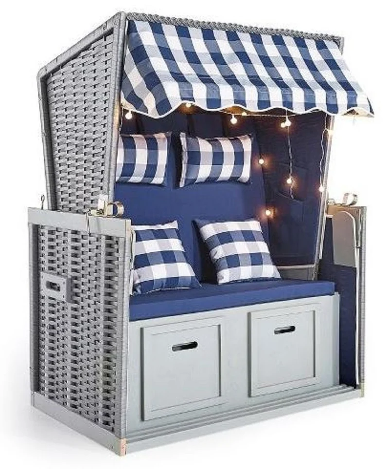Casa Padrino Strandkorb Grau / Blau / Weiß 116 x 76 x H. 160 cm - Holz Strandkorb mit Dach und LED Beleuchtung - Garten Möbel - Pool Möbel - Outdoor Möbel