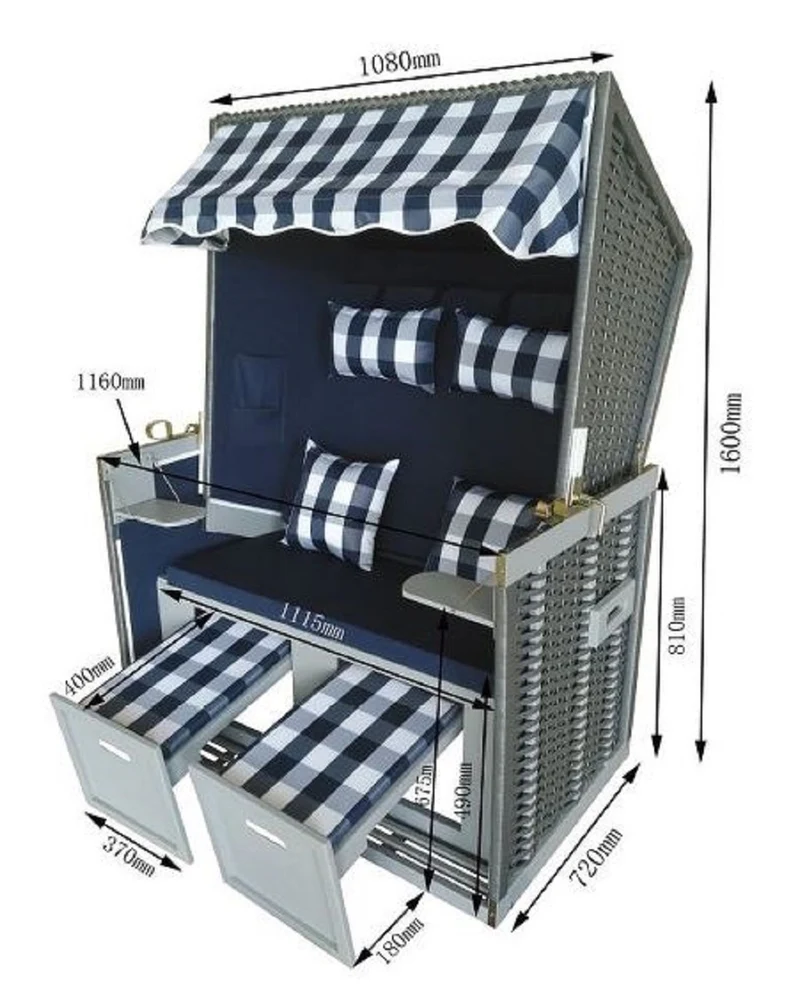 Casa Padrino Strandkorb Grau / Blau / Weiß 116 x 76 x H. 160 cm - Holz Strandkorb mit Dach und LED Beleuchtung - Garten Möbel - Pool Möbel - Outdoor Möbel