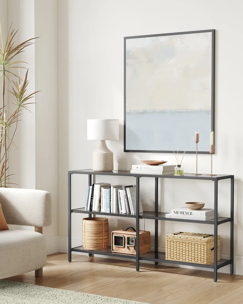 VASAGLE 51.2 Inch Console Table with 3 Shelves, Sofa Table, Entryway Table Tempered Glass Shelf for Entryway Living Room Bedroom Classic Black and Slate Gray
