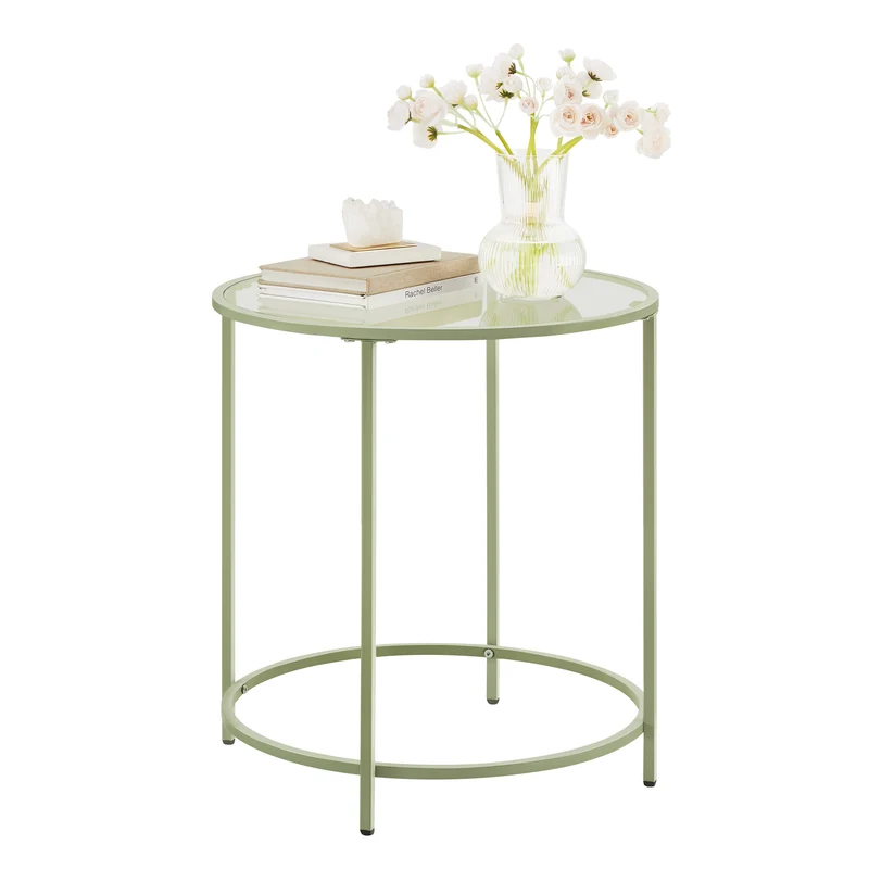 VASAGLE Round Side Table Glass End Table with Metal Frame Laurel Green Coffee Table with Modern Style Laurel Green