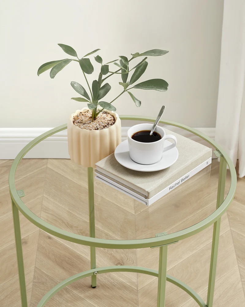 VASAGLE Round Side Table Glass End Table with Metal Frame Laurel Green Coffee Table with Modern Style Laurel Green