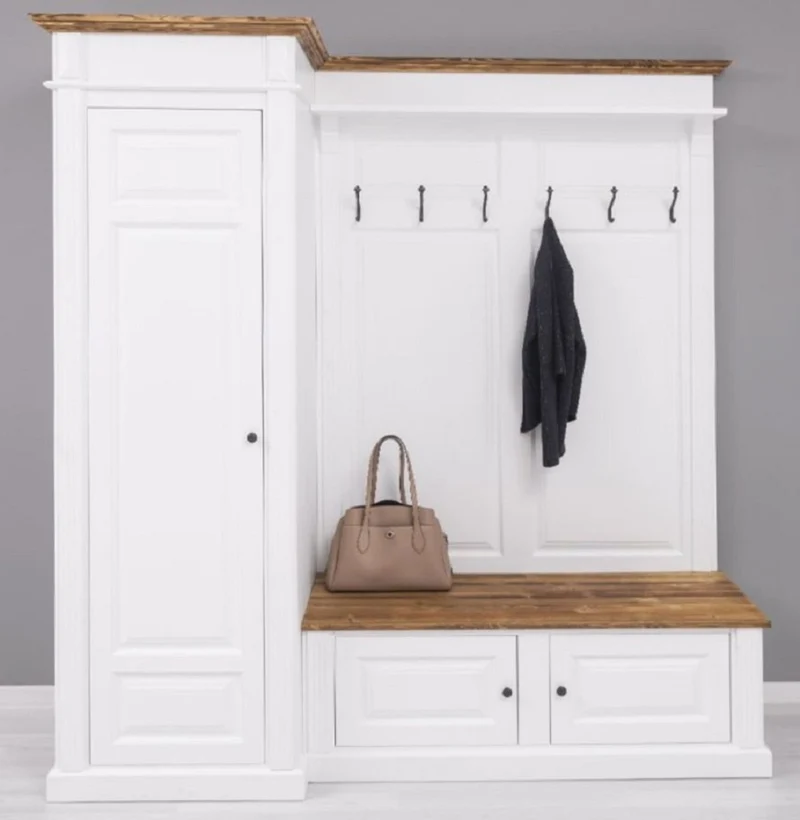 Casa Padrino Landhausstil Garderobenschrank Weiß / Braun 205 x 65 x H. 210 cm - Massivholz Garderobe - Flur Schrank - Flurmöbel - Garderoben Möbel - Massivholz Möbel - Landhausstil Möbel