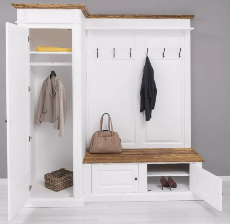 Casa Padrino Landhausstil Garderobenschrank Weiß / Braun 205 x 65 x H. 210 cm - Massivholz Garderobe - Flur Schrank - Flurmöbel - Garderoben Möbel - Massivholz Möbel - Landhausstil Möbel