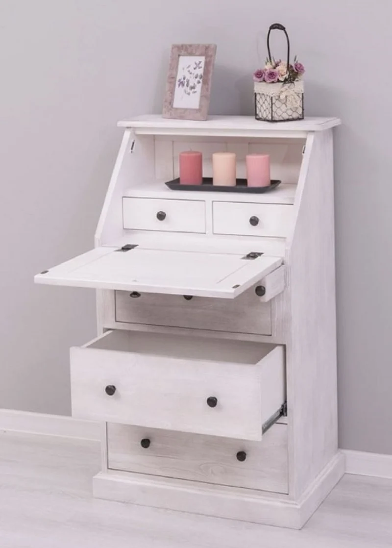 Casa Padrino Landhausstil Sekretär Kommode Hellgrau 65 x 45 x H. 110 cm - Massivholz Schrank mit 5 Schubladen - Massivholz Möbel - Landhausstil Möbel