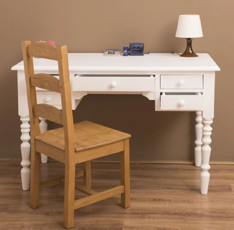 Casa Padrino Landhausstil Schreibtisch mit 5 Schubladen Weiß 130 x 65 x H. 83 cm - Massivholz Sekretär im Landhausstil - Büro Möbel - Massivholz Möbel - Landhausstil Möbel