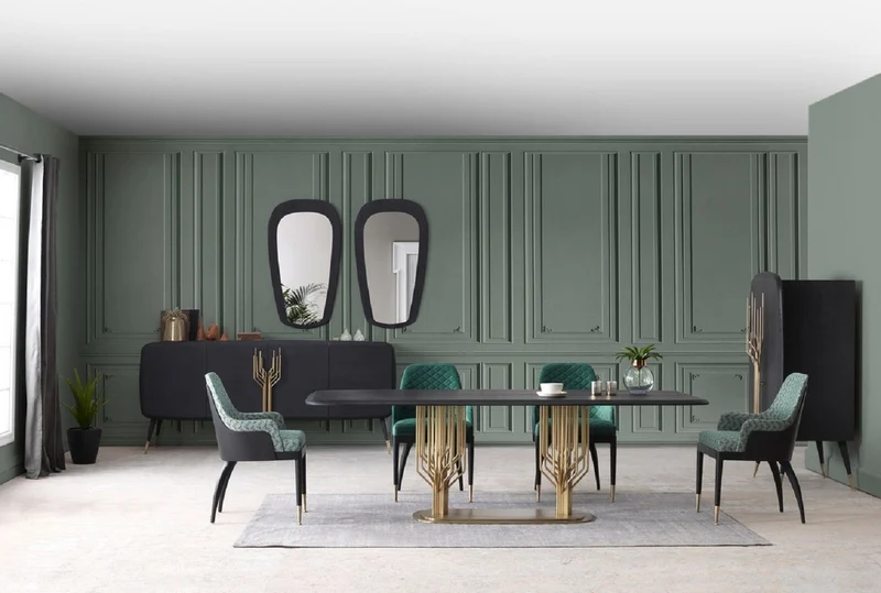 Casa Padrino Luxus Esszimmer Set Grün / Schwarz / Messing - 1 Luxus Esstisch & 8 Luxus Esszimmerstühle - Esszimmer Möbel - Luxus Möbel - Luxus Kollektion
