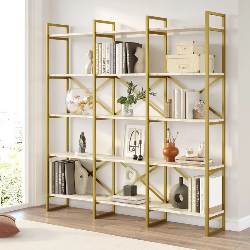 Casa Padrino Luxus Regalschrank mit Marmor Regalen Gold / Weiß 170 x 30 x H. 175 cm - Bücherschrank - Wohnzimmer Schrank - Büro Schrank - Wohnzimmer Möbel - Büro Möbel - Luxus Möbel