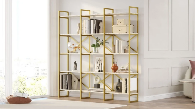 Casa Padrino Luxus Regalschrank mit Marmor Regalen Gold / Weiß 170 x 30 x H. 175 cm - Bücherschrank - Wohnzimmer Schrank - Büro Schrank - Wohnzimmer Möbel - Büro Möbel - Luxus Möbel