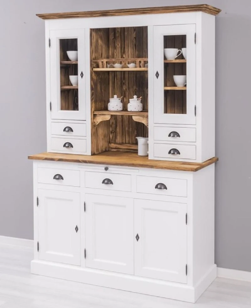 Casa Padrino Landhausstil Esszimmerschrank Weiß / Braun 137 x 50 x H. 197 cm - Massivholz Küchenschrank - Esszimmer Möbel im Landhausstil - Landhausstil Esszimmer Einrichtung