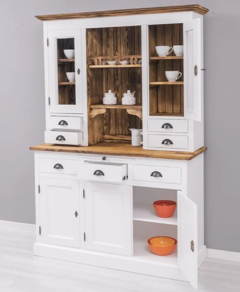 Casa Padrino Landhausstil Esszimmerschrank Weiß / Braun 137 x 50 x H. 197 cm - Massivholz Küchenschrank - Esszimmer Möbel im Landhausstil - Landhausstil Esszimmer Einrichtung