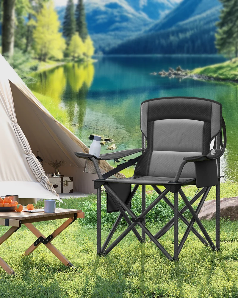 Oversized Lumbar Support Camping Chair, Heavy-Duty Outdoor Folding Chair Comfortable, Padded, Glamping, Cooler Bag, Weight Capacity 450 lb, Ink Black