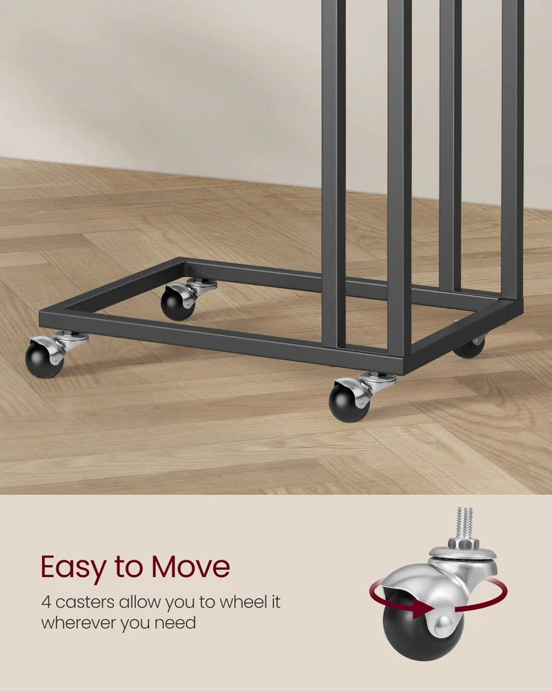 End Table, C Shaped TV Tray with Metal Frame Rolling Casters for Coffee Laptop Mobile Tablet, Industrial Side Table for Living Room Bedroom, 19.7 x 13.8 x 23.6 Inches, Ebony Black
