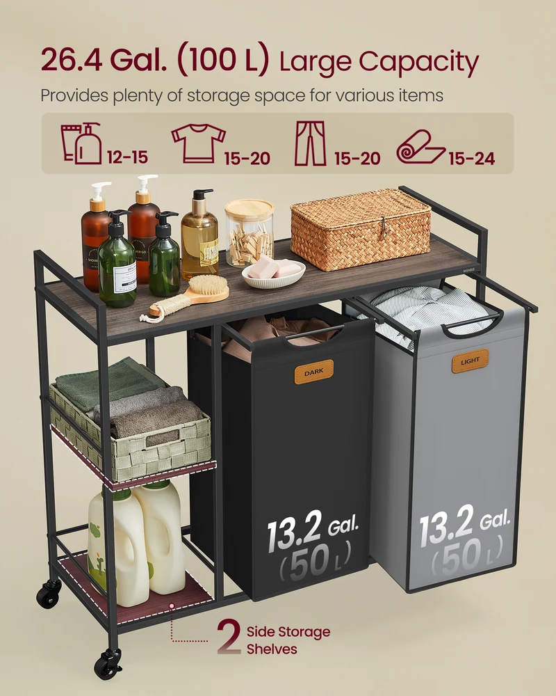 Laundry Hamper with 2 Compartments, 26.4 Gal. (100 L) Laundry Sorter, Rolling Laundry Cart with Shelves, Removable Liners, 6 Labels, Chestnut Brown, Ink Black and Dove Gray