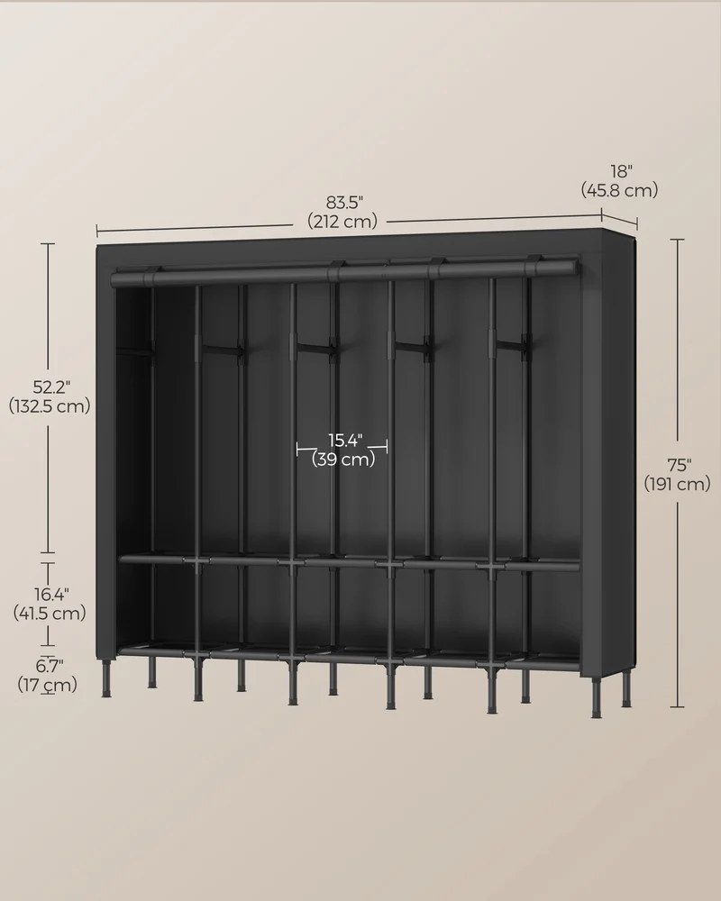 Wardrobe Closet, 83.5 Inch Large Capacity Portable Closet, Clothing Rack, 25 mm Dia,Thick Steel Tubes, Clothes Organizer with Fabric Cover, 5 Hanging Rails, 10 Shelves, Ink Black