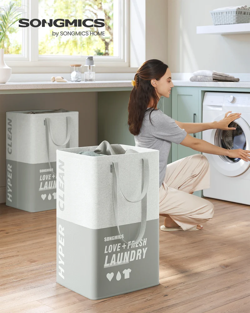 Laundry Baskets, Laundry Hamper with 2 Compartments, 23.8 Gallon (90L) Set of 2 Collapsible Water-Repellent Clothes Hampers, Tall Laundry Bag for Bedroom Bathroom, Light Gray