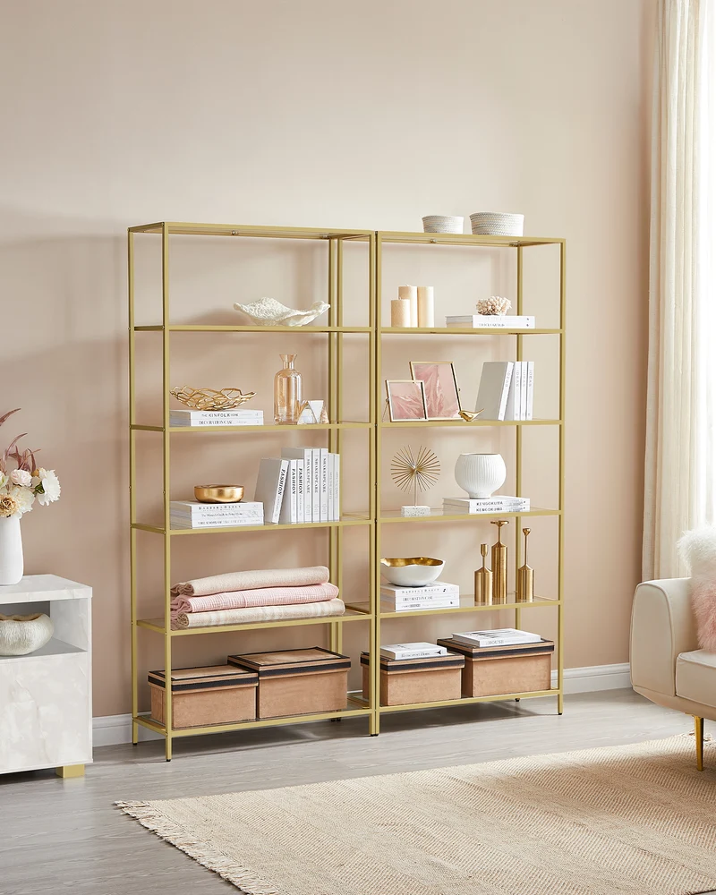 VASAGLE Bookcase, 6-Tier Bookshelf, Slim Shelving Unit Tempered Glass, Steel Frame Ink Black and Slate