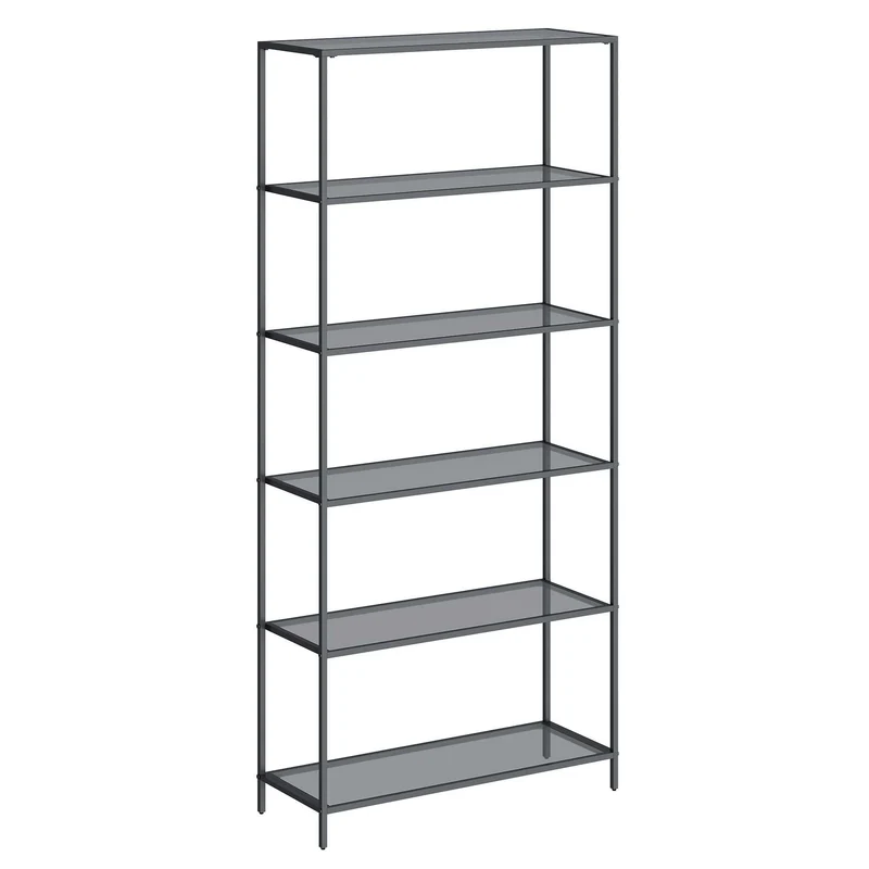 VASAGLE Bookcase, 6-Tier Bookshelf, Slim Shelving Unit Tempered Glass, Steel Frame Ink Black and Slate Gray
