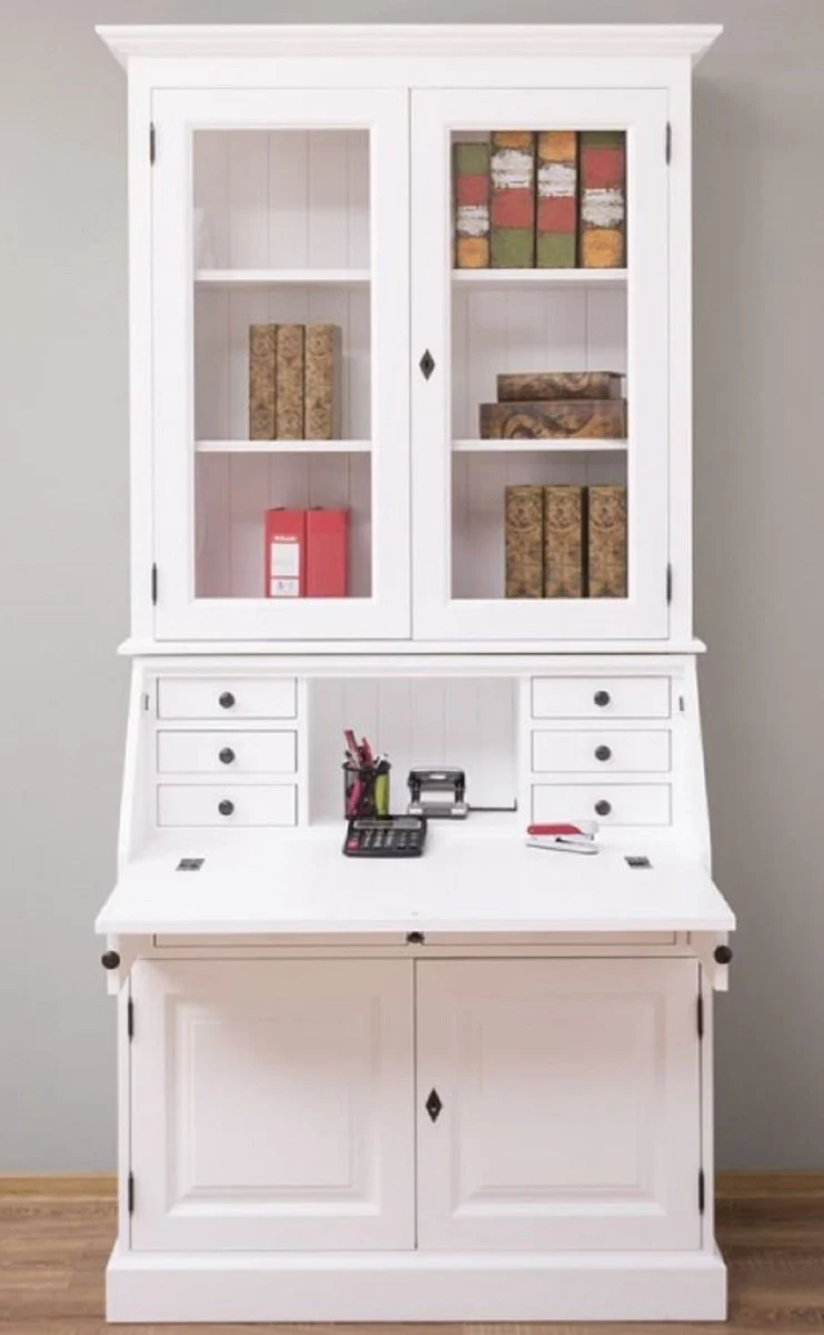 Casa Padrino Landhausstil Büroschrank Weiß 110 x 49 x H. 219 cm - Massivholz Schrank - Bücherschrank - Regalschrank - Wohnzimmerschrank - Landhausstil Möbel