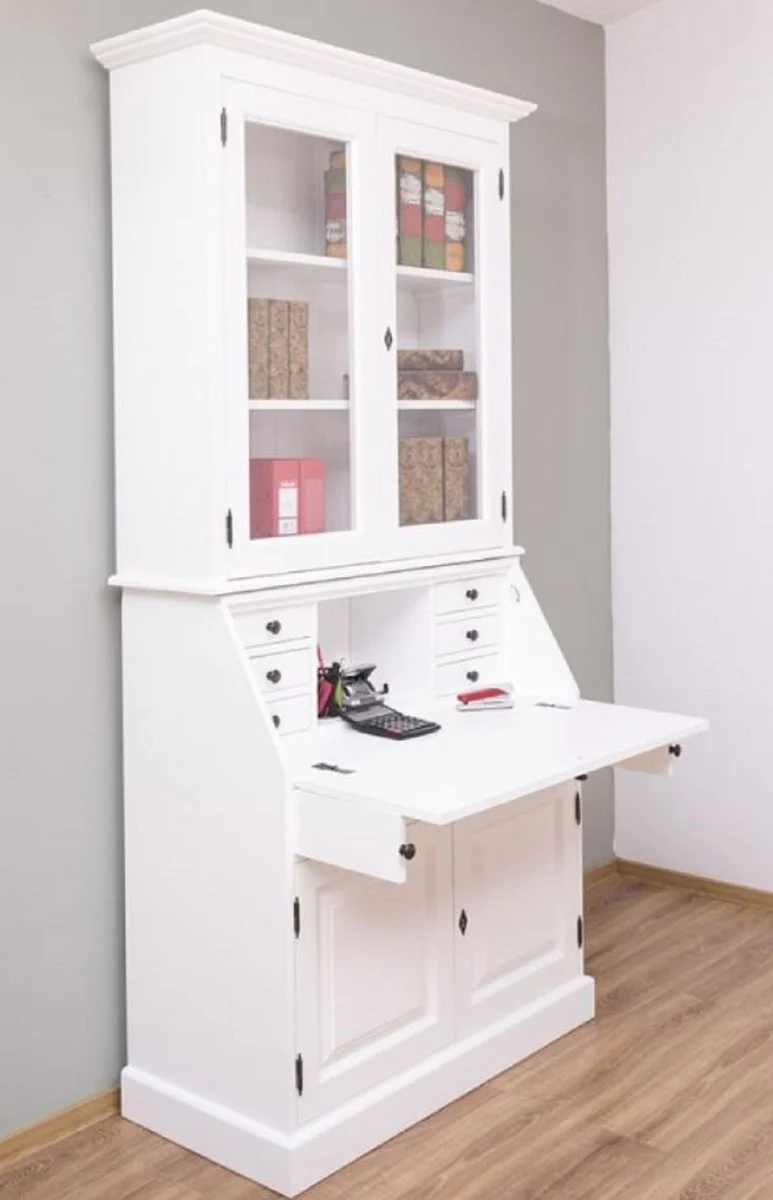 Casa Padrino Landhausstil Büroschrank Weiß 110 x 49 x H. 219 cm - Massivholz Schrank - Bücherschrank - Regalschrank - Wohnzimmerschrank - Landhausstil Möbel