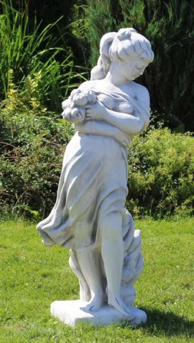 Casa Padrino Jugendstil Garten Deko Skulptur Dame mit Blumenstrauß Grau 31 x 31 x H. 122 cm - Elegante Garten Deko Stein Figur - Barock & Jugendstil Garten Deko Accessoires