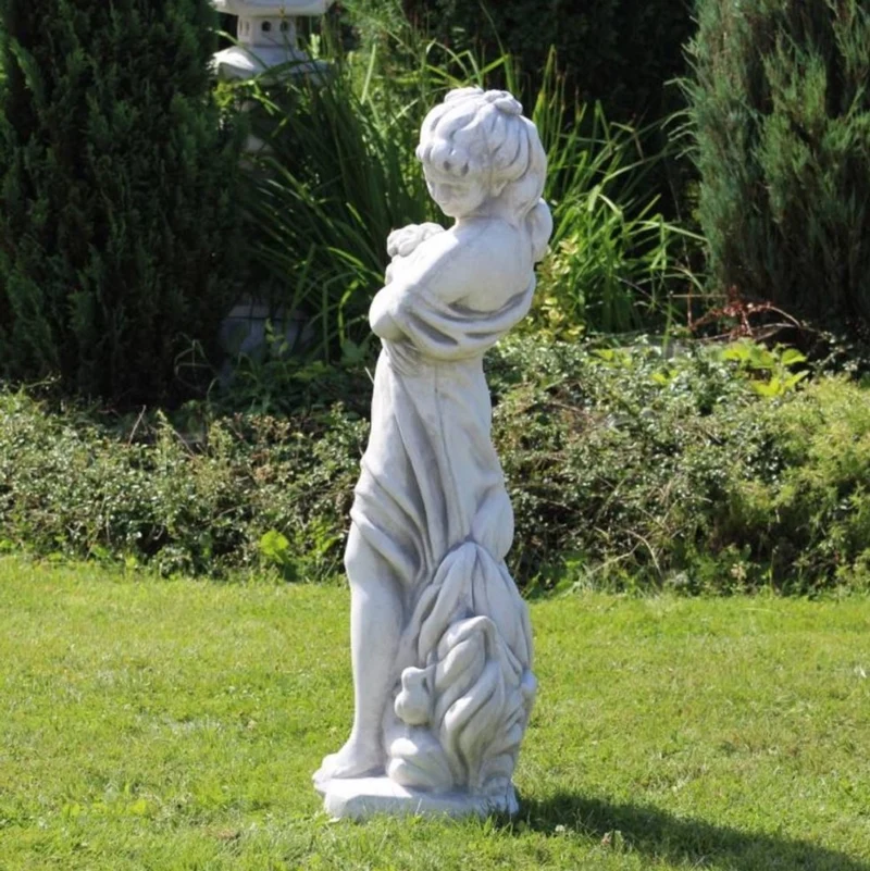 Casa Padrino Jugendstil Garten Deko Skulptur Dame mit Blumenstrauß Grau 31 x 31 x H. 122 cm - Elegante Garten Deko Stein Figur - Barock & Jugendstil Garten Deko Accessoires