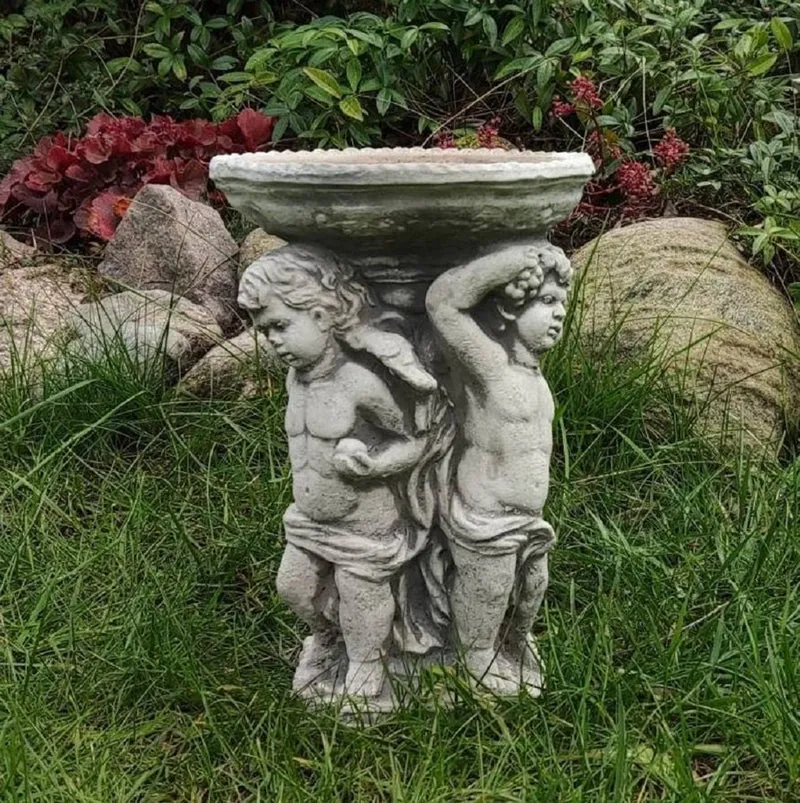 Casa Padrino Jugendstil Vogeltränke Engel Grau H. 27 cm - Garten Deko Stein Vogelbad - Jugendstil Garten & Terrassen Deko Accessoires - Gartenmöbel im Jugendstil