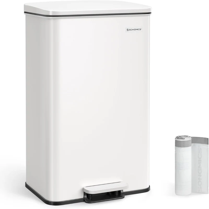 SONGMICS Kitchen Trash Can, 10.5 Gallon (40 L) Garbage Can, Large Step Trash Bin with Lid, Stainless Steel, Soft Close, 15 Trash Bags Included, White ULTB540W40