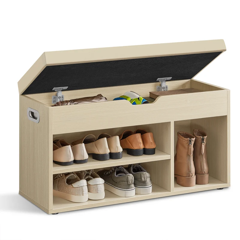 Storage Bench with Cushioned Seat - Versatile Shoe Bench with Hidden Storage, Shelves, Natural Beige, 330 lb Capacity