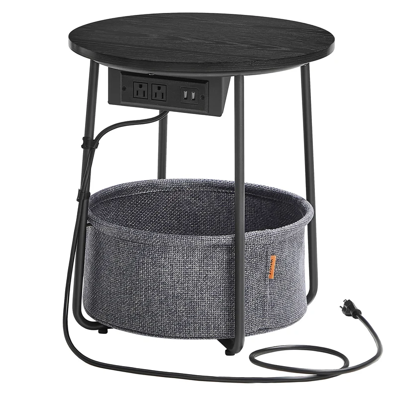 VASAGLE Side Table with Charging Station, Round End Table With Fabric Basket, Nightstand with Power Outlets USB Ports, for Living Room, Bedroom, Modern