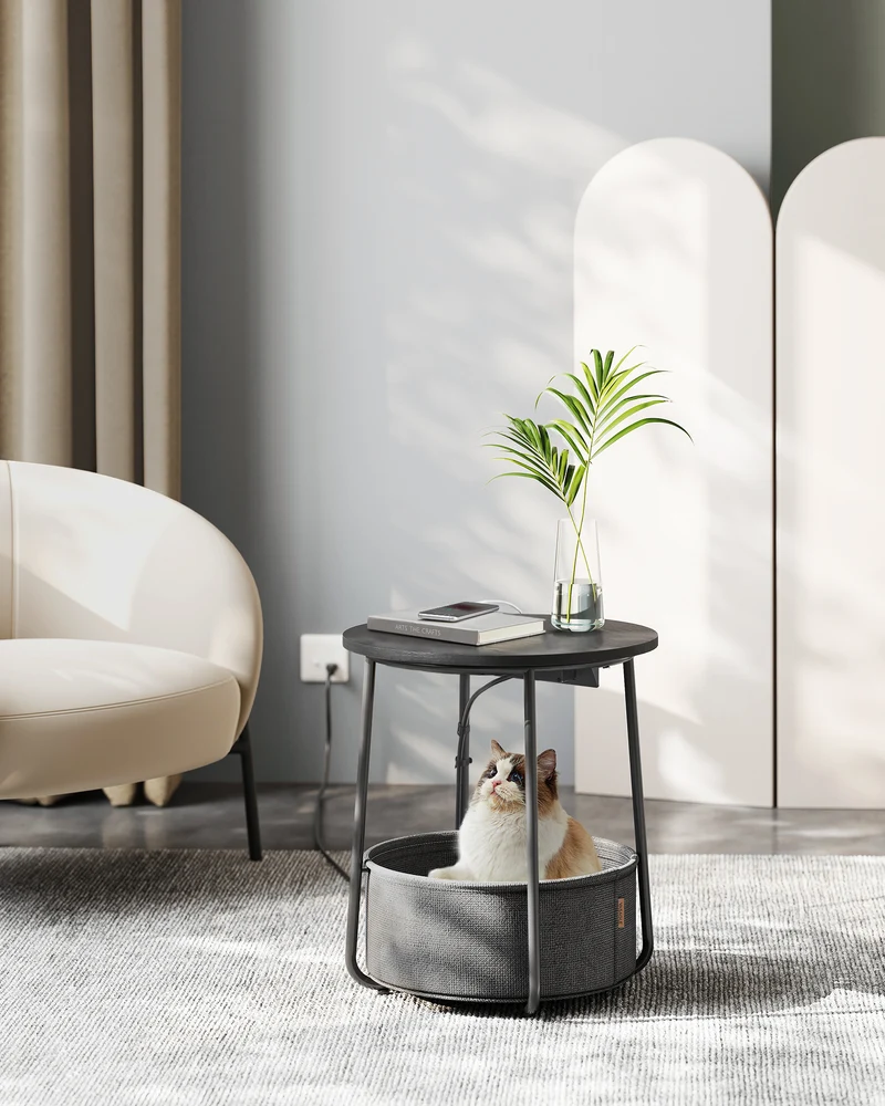 VASAGLE Side Table with Charging Station, Round End Table With Fabric Basket, Nightstand with Power Outlets USB Ports, for Living Room, Bedroom, Modern