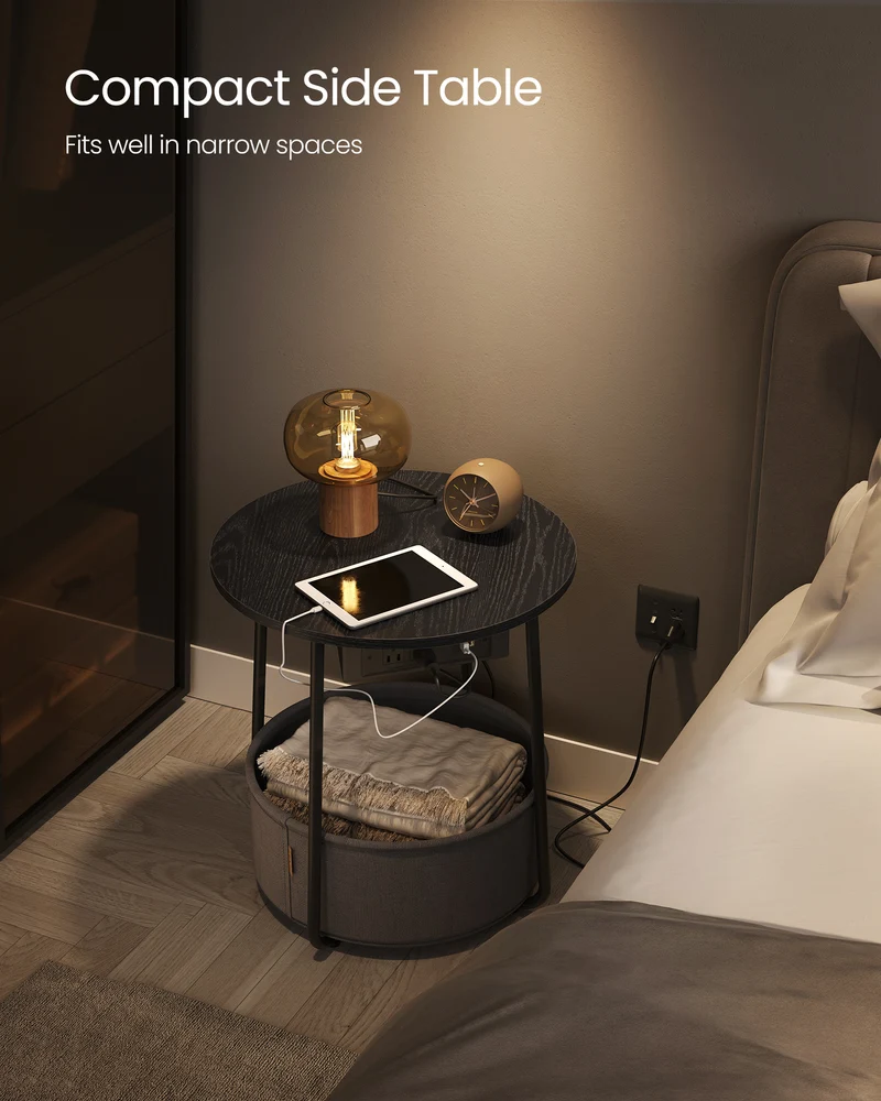 VASAGLE Side Table with Charging Station, Round End Table With Fabric Basket, Nightstand with Power Outlets USB Ports, for Living Room, Bedroom, Modern