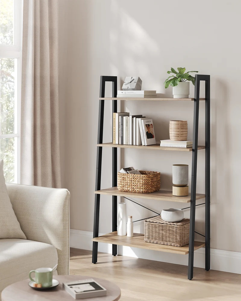 VASAGLE Ladder Shelf, 4-Tier Bookshelf, Storage Rack, Bookcase with Steel Frame, Industrial Style, Camel Brown and Black