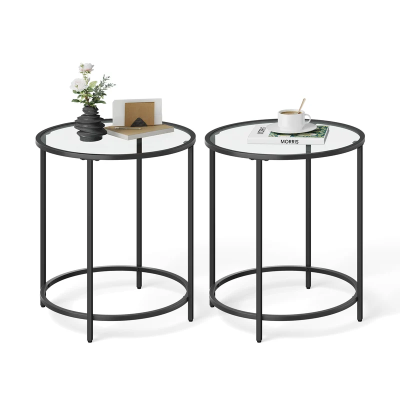 VASAGLE Round Side Tables, Set of 2, Glass End Tables Coffee Tables for Living Room Bedroom