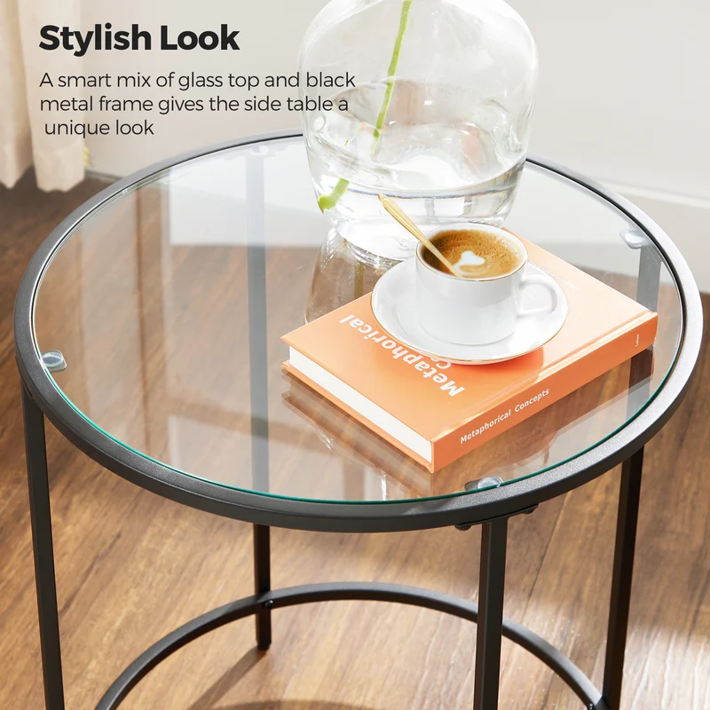 VASAGLE Round Side Tables, Set of 2, Glass End Tables Coffee Tables for Living Room Bedroom