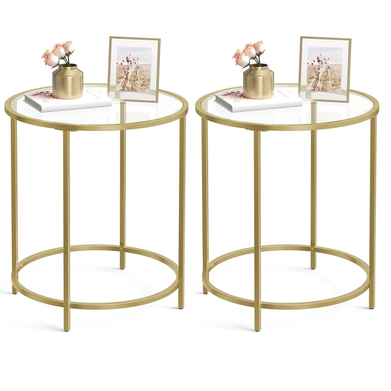 VASAGLE Round Side Tables, Set of 2, Glass End Tables Coffee Tables for Living Room Bedroom Gold