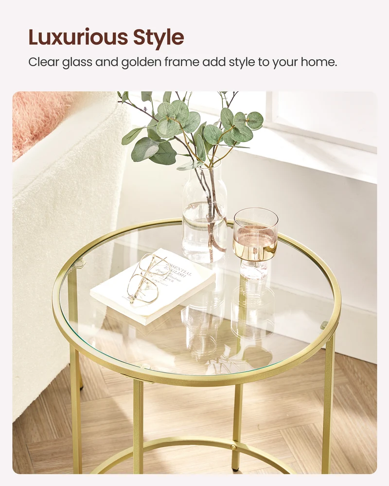 VASAGLE Round Side Tables, Set of 2, Glass End Tables Coffee Tables for Living Room Bedroom Gold