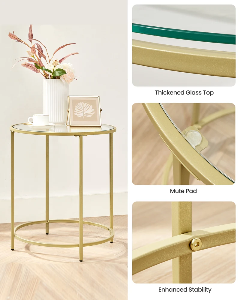 VASAGLE Round Side Tables, Set of 2, Glass End Tables Coffee Tables for Living Room Bedroom Gold