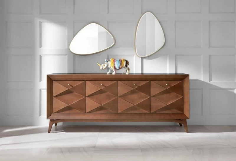 Casa Padrino Luxus Art Deco Sideboard Matt Cognac 220 x 50 x H. 92 cm - Edler Massivholz Schrank mit 4 Türen - Esszimmer Möbel - Art Deco Möbel - Luxus Möbel