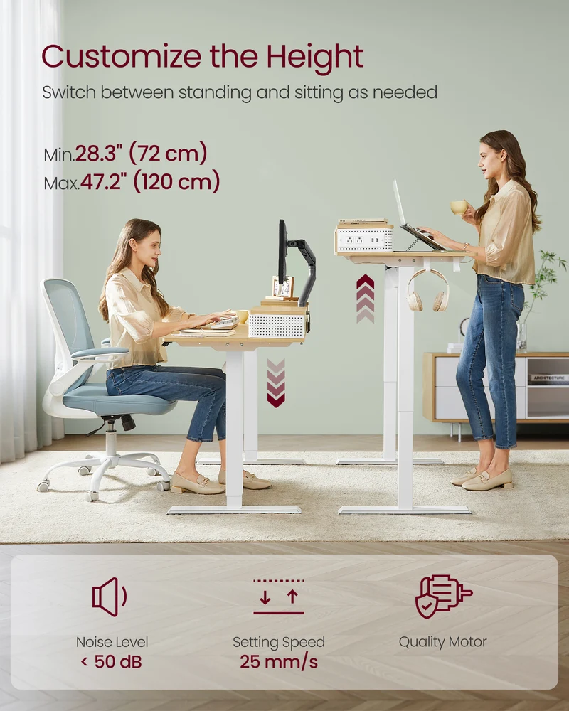 Electric Computer Desk, 23.6 x 55.1 Inches Adjustable Height Stand Desk with Built-in Power Strip