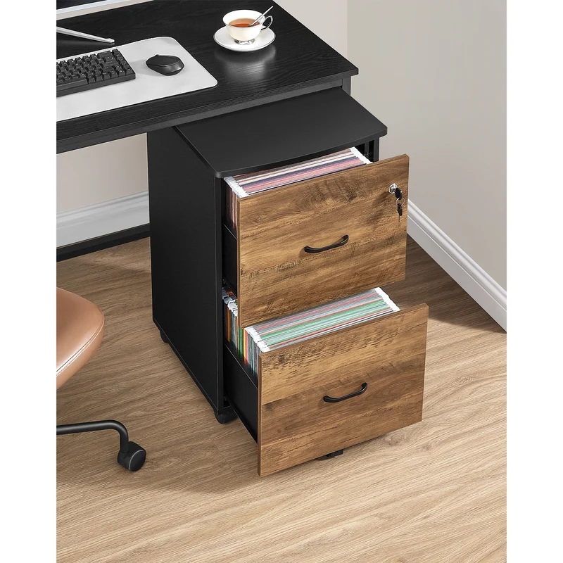 File Cabinet, 2-Drawer Locking Filing Cabinet for Home Office, Rolling Printer Stand, Brown