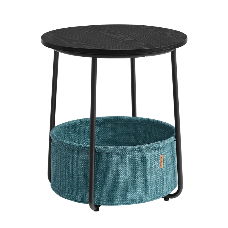 VASAGLE Round End Side Table with Fabric Storage Basket Bedside Table Nightstand for Living Room Bedroom Classic Black Dark Turquoise