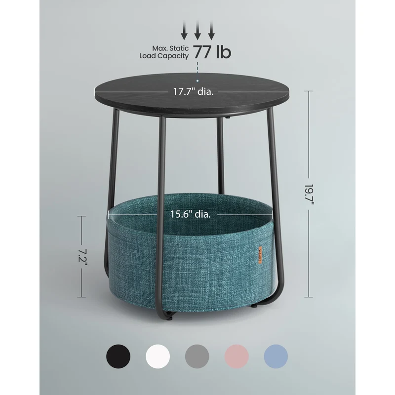 VASAGLE Round End Side Table with Fabric Storage Basket Bedside Table Nightstand for Living Room Bedroom Classic Black Dark Turquoise