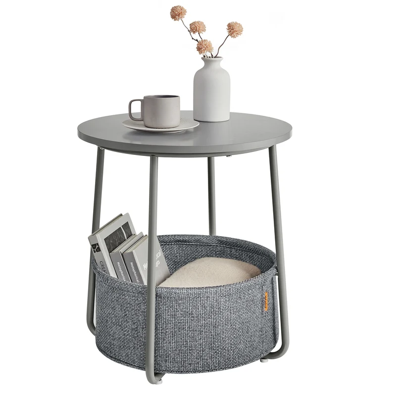 VASAGLE Round End Side Table with Fabric Storage Basket Bedside Table Nightstand for Living Room Bedroom Dove Gray and Slate Gray