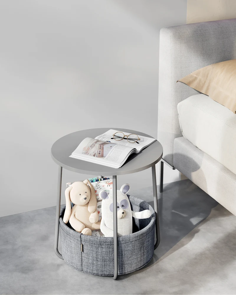 VASAGLE Round End Side Table with Fabric Storage Basket Bedside Table Nightstand for Living Room Bedroom Dove Gray and Slate Gray