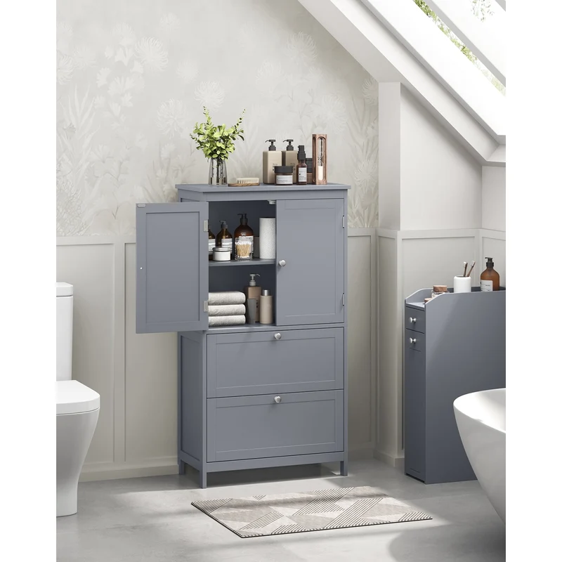 VASAGLE Bathroom Floor Storage Cabinet, Bathroom Storage Unit, Freestanding Cabinet with 2 Drawers and 2 Doors,Forest Green