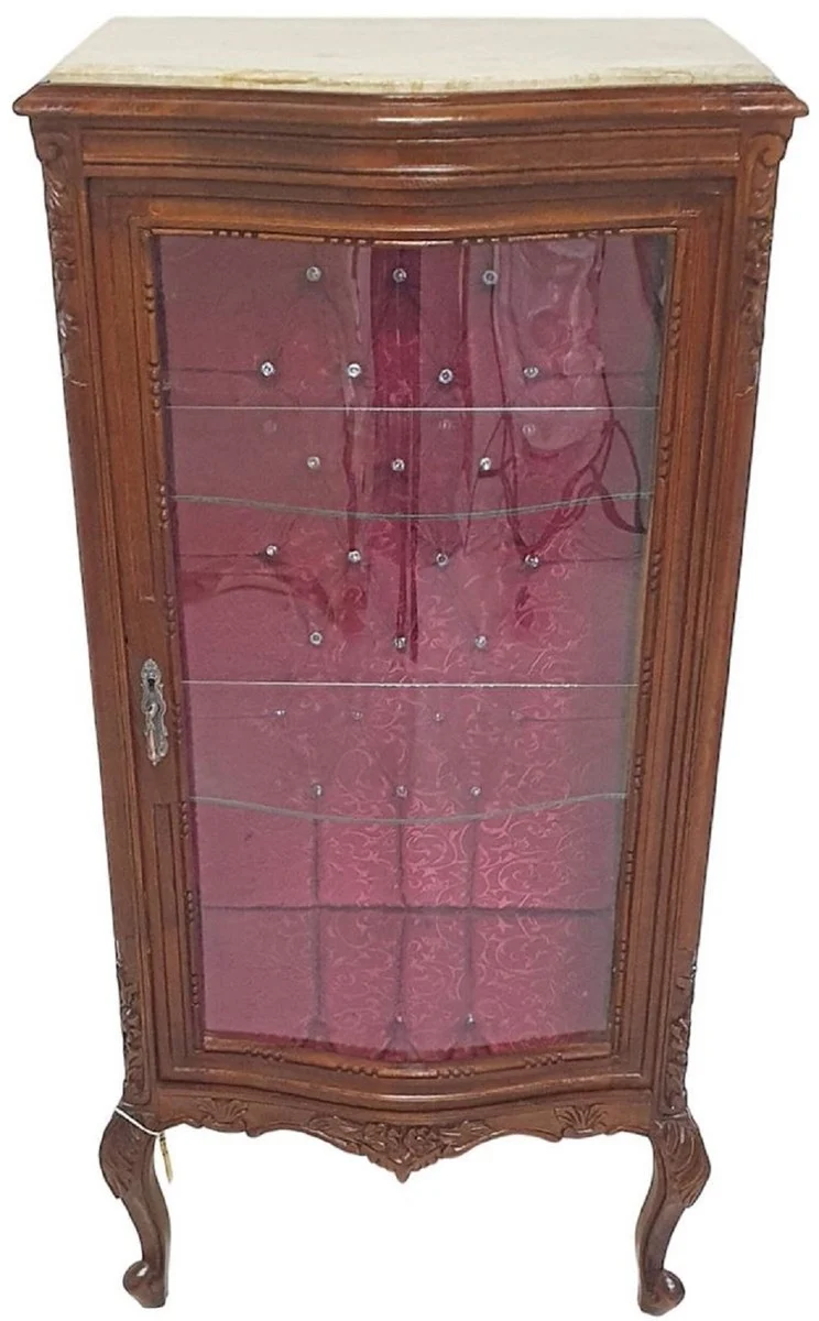 Casa Padrino Barock Vitrine Braun / Creme / Bordeauxrot - Handgefertigter Massivholz Vitrinenschrank mit Glitzersteinen und Marmorplatte - Wohnzimmer Möbel im Barockstil - Barock Möbel
