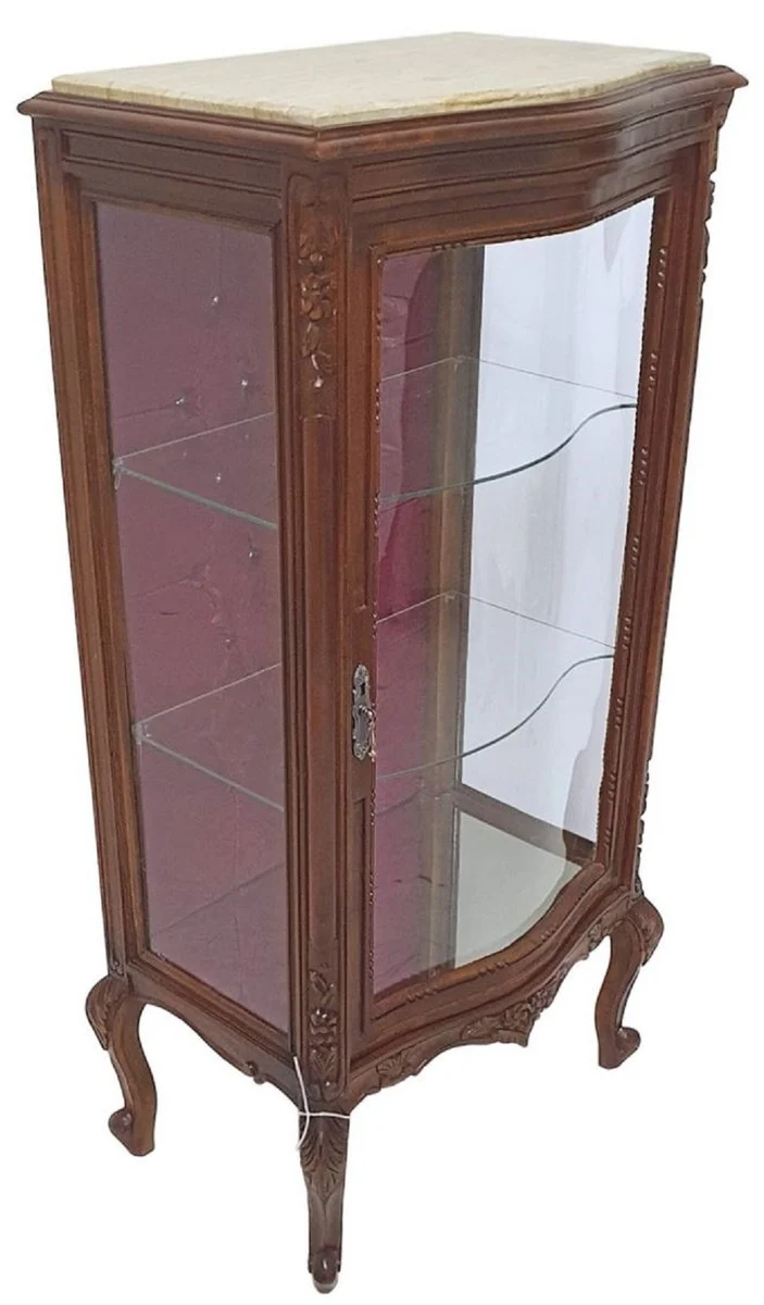 Casa Padrino Barock Vitrine Braun / Creme / Bordeauxrot - Handgefertigter Massivholz Vitrinenschrank mit Glitzersteinen und Marmorplatte - Wohnzimmer Möbel im Barockstil - Barock Möbel